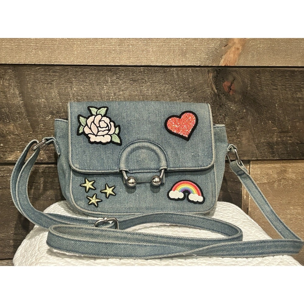 No Boundaries Denim Ring Heart Rose Rainbow Patch Embroidered Crossbodyβ Handbag